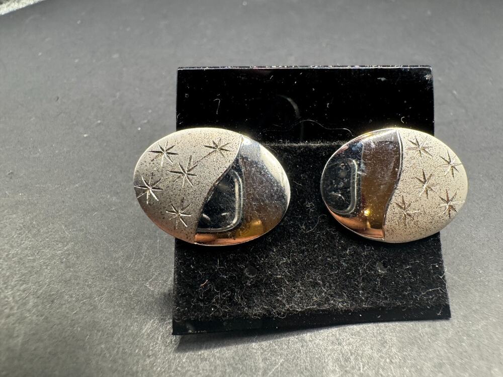 Vintage Signed 925 Sterling Silver Art Deco Etched Star Oval Cufflinks NOS